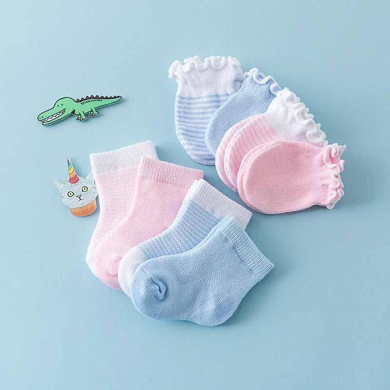 Summer Newborn Sets 0-6Month Boy Girl Baby Cotton Sock Footwear Infant Scratch Resistant Gloves 2pairs Short Socks+2pairs Gloves
