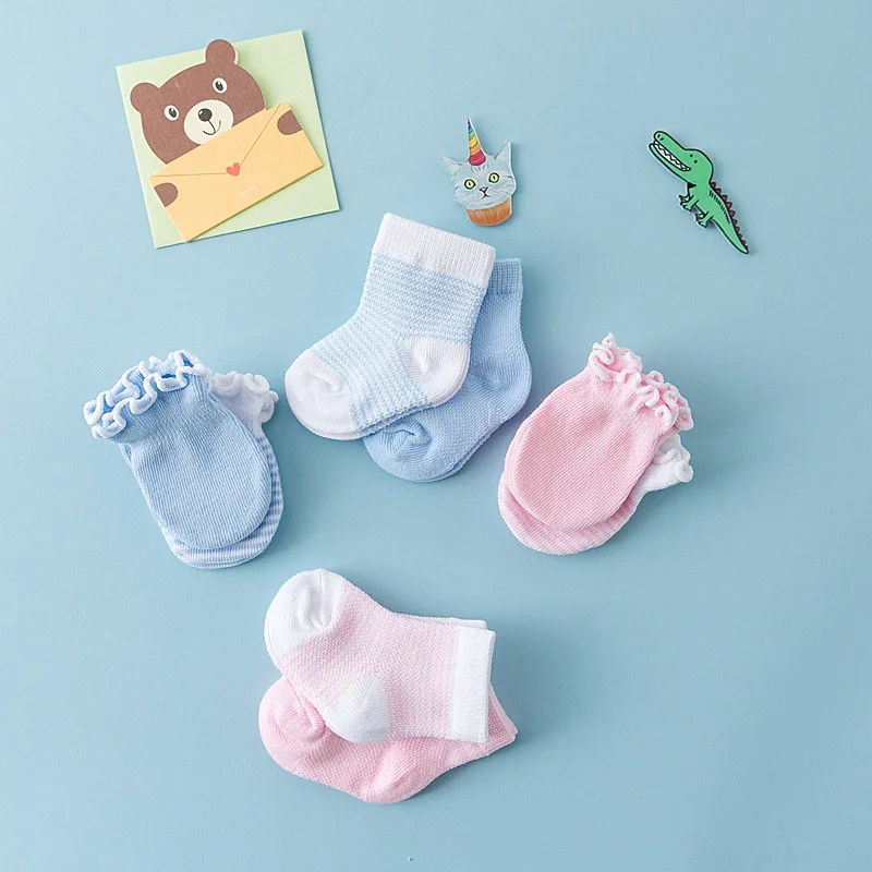 Summer Newborn Sets 0-6Month Boy Girl Baby Cotton Sock Footwear Infant Scratch Resistant Gloves 2pairs Short Socks+2pairs Gloves - Image 5