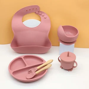 6pcs food grade silicone tableware set, bibs, bowls, plates, water cups, spoons, forks, baby utensils