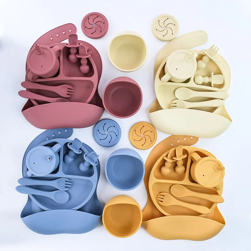 BPA Free Silicone Baby Feeding Set Sucker Bowl Dinning Plate Straw Cup Spoon Forks for Kids Baby Tableware Children Dishes - Image 3