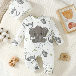 2pcs Baby Cute Cartoon Elephant Pattern Embroidery Long Sleeve Romper With Hat