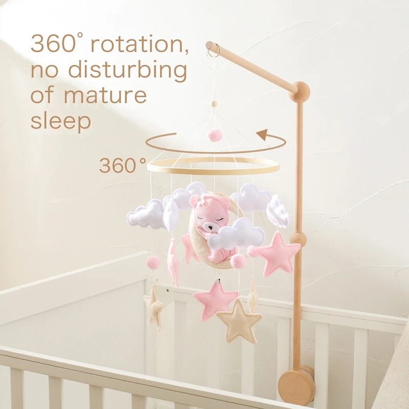 Crib Mobile Rattle Baby Wooden Bed Bell Baby Rattles Soft Felt Cartoon Bear Toys Crib Mobile Bed Bell Wood Toy Bracket Kid Gifts - Image 3