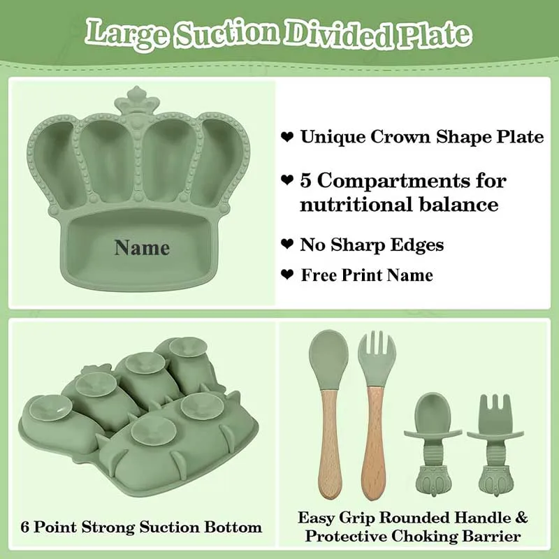 Crown Plate For Kids 8Pcs Baby Feeding Set Children's Silicone Tableware Free Personalized Name Logo Suction Cup Bowl BPA Free - Image 2