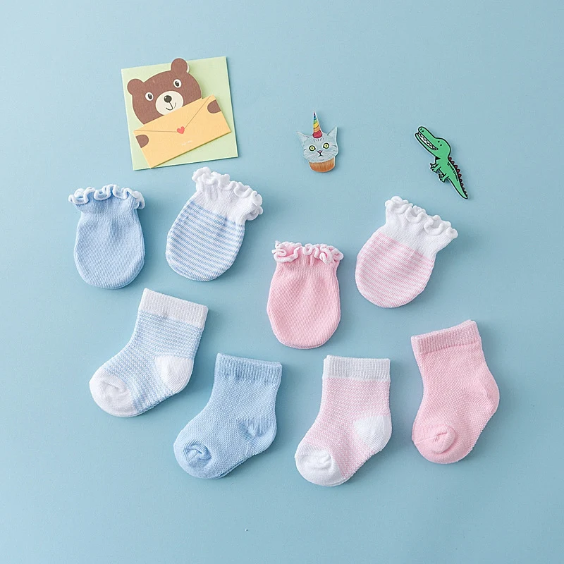 Summer Newborn Sets 0-6Month Boy Girl Baby Cotton Sock Footwear Infant Scratch Resistant Gloves 2pairs Short Socks+2pairs Gloves - Image 3