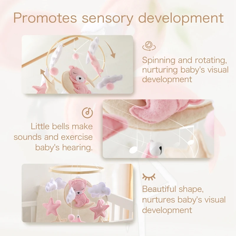 Crib Mobile Rattle Baby Wooden Bed Bell Baby Rattles Soft Felt Cartoon Bear Toys Crib Mobile Bed Bell Wood Toy Bracket Kid Gifts - Image 2