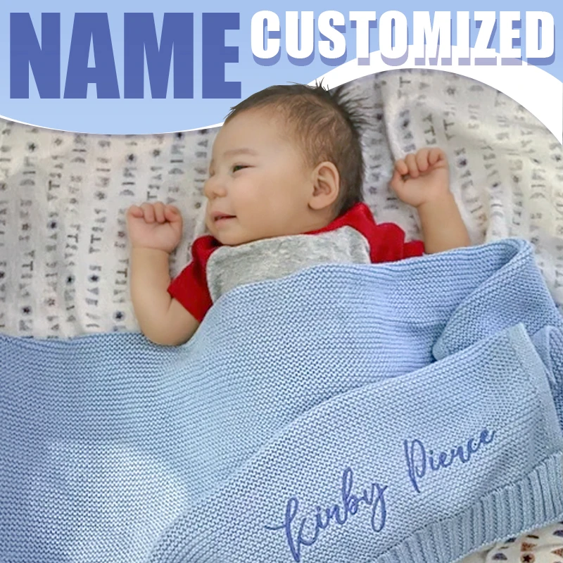 Custom Name Baby Blanket Knitted Swaddle Wrap Newborn Gift Set Organic Cotton Breathable Nursery Bedding Baby Registry Essentia - Image 2
