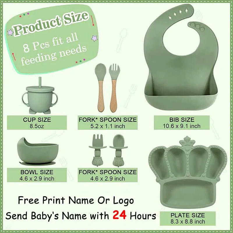Crown Plate For Kids 8Pcs Baby Feeding Set Children's Silicone Tableware Free Personalized Name Logo Suction Cup Bowl BPA Free - Image 3