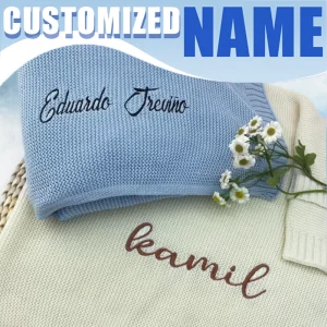 Custom Name Baby Blanket Knitted Swaddle Wrap Newborn Gift Set Organic Cotton Breathable Nursery Bedding Baby Registry Essentia