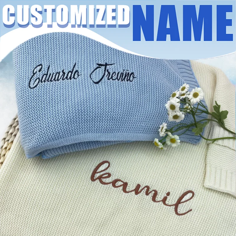 Custom Name Baby Blanket Knitted Swaddle Wrap Newborn Gift Set Organic Cotton Breathable Nursery Bedding Baby Registry Essentia