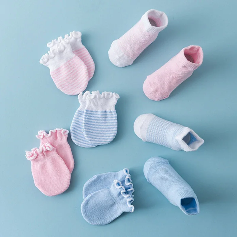 Summer Newborn Sets 0-6Month Boy Girl Baby Cotton Sock Footwear Infant Scratch Resistant Gloves 2pairs Short Socks+2pairs Gloves - Image 2