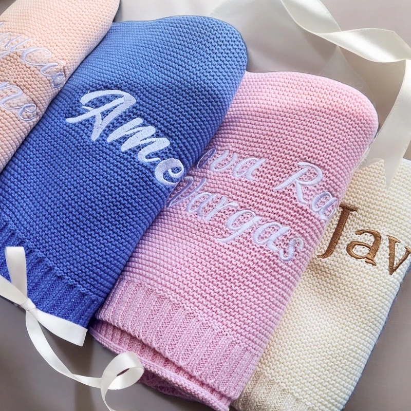 Custom Name Baby Blanket Knitted Swaddle Wrap Newborn Gift Set Organic Cotton Breathable Nursery Bedding Baby Registry Essentia - Image 3