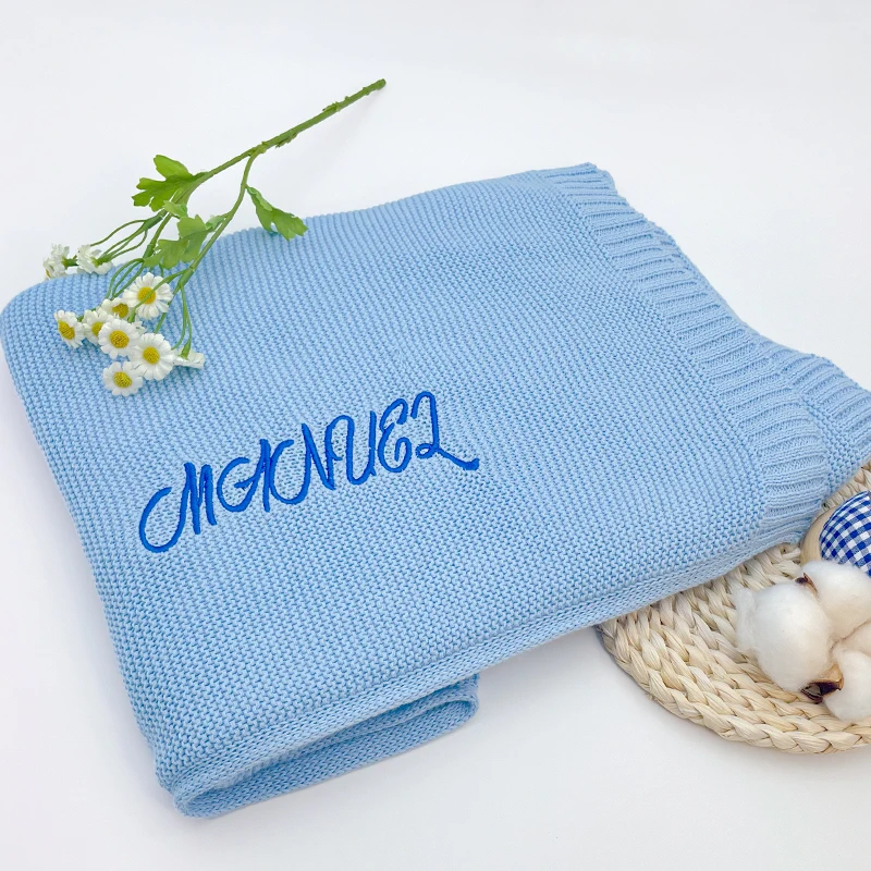 Custom Name Baby Blanket Knitted Swaddle Wrap Newborn Gift Set Organic Cotton Breathable Nursery Bedding Baby Registry Essentia - Image 5